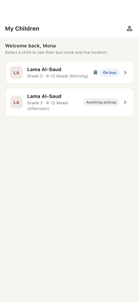 Parent app listing two children and whether each is on the bus