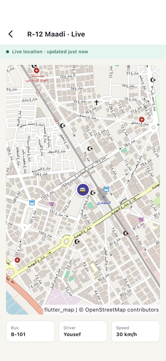 Parent app showing the bus live on a map of Maadi