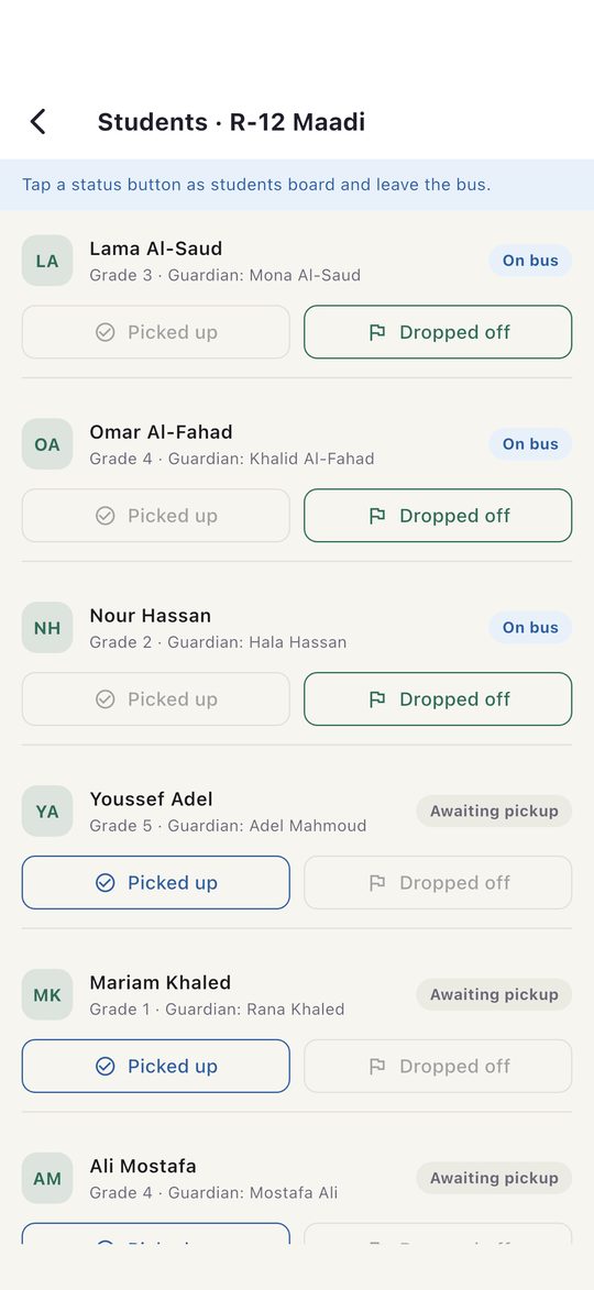 Supervisor's student list with Picked up and Dropped off buttons
